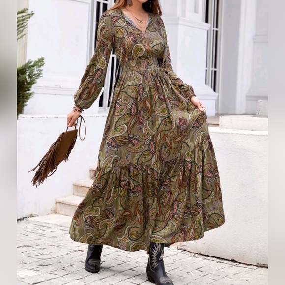 New Boho Paisley Floral Ruffle Hem Maxi Dress Olive Green - Picture 1 of 7